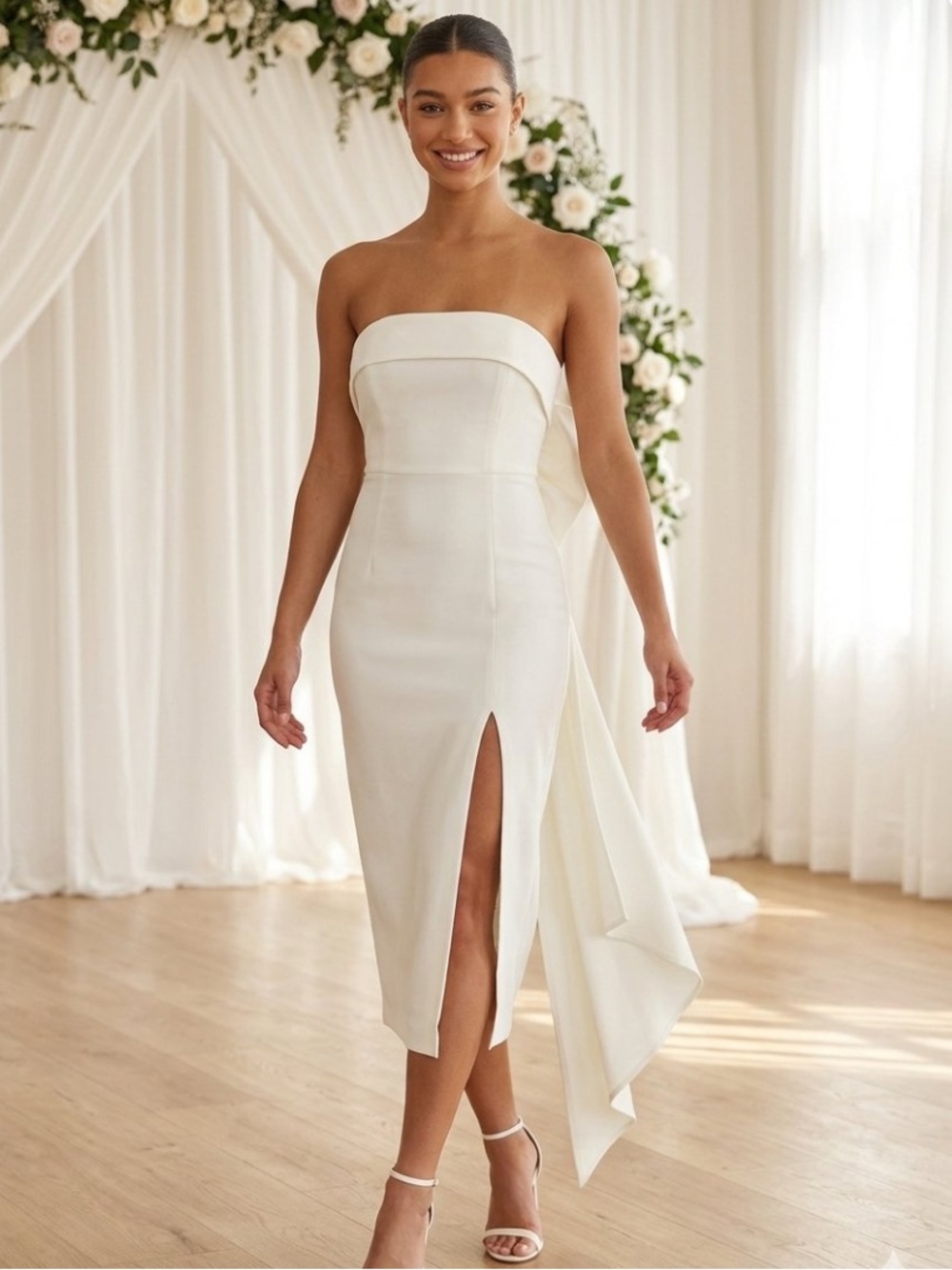 New Lulus Fabulous Phenomenon  Strapless White Midi Gown with Bow Sz Small - Picture 2 of 10